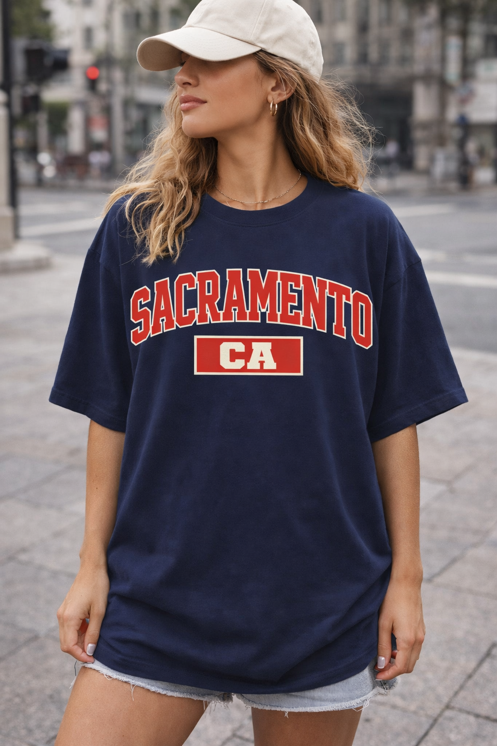 Woman wearing a navy blue t-shirt with 'Sacramento CA' printed on it, standing on a city street.