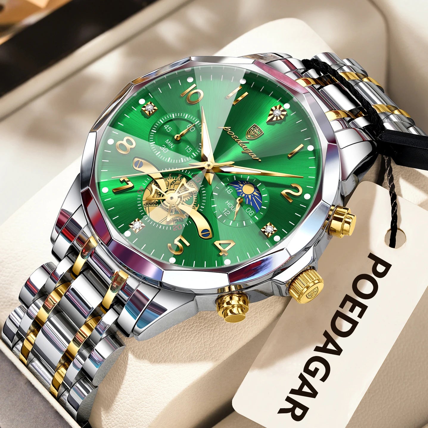 Seashell POEDAGAR Luxury High Quality Man Wristwatch Chronograph Stainless Steel Quartz Men's Watches Waterproof Luminous Men Clock Reloj