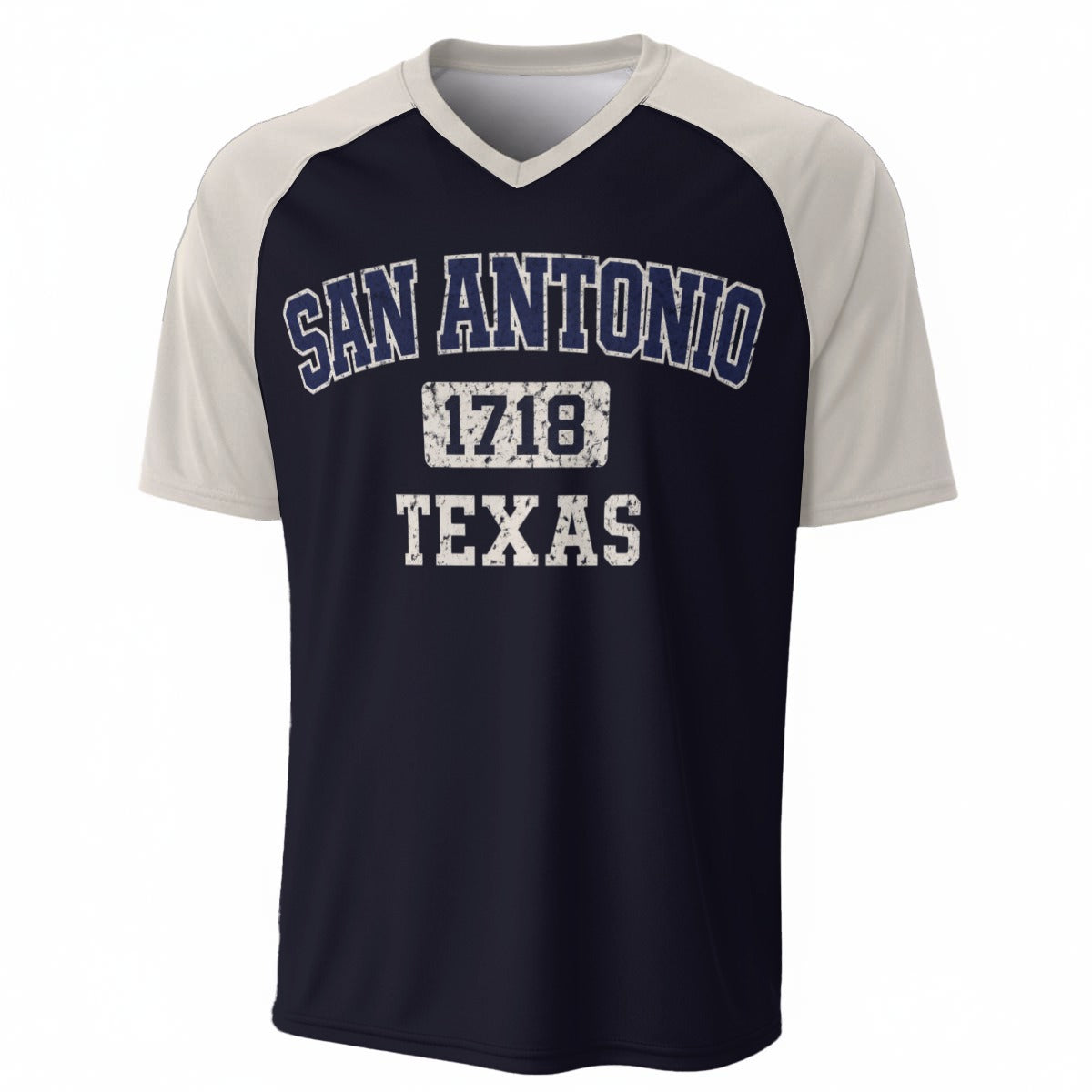 Navy and white t-shirt with 'San Antonio 1718 Texas' text on a white background