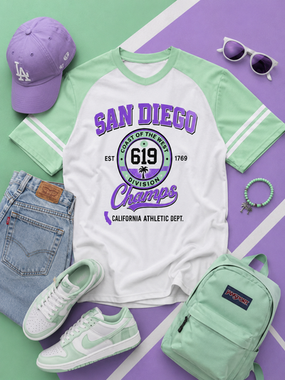 San Diego themed t-shirt with accessories on a colorful background