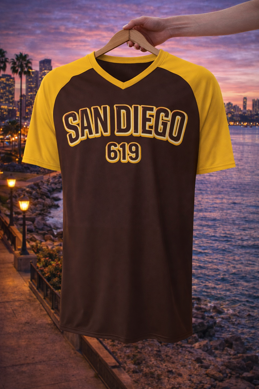 Brown and yellow 'San Diego 619' t-shirt on a hanger with a cityscape and sunset in the background.