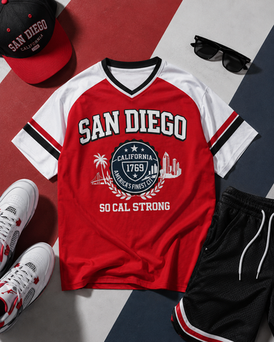 Red and white 'San Diego' t-shirt with accessories on a multicolored background