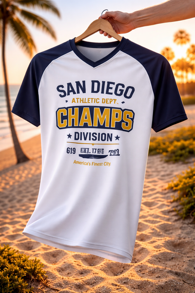 White and navy baseball shirt with 'San Diego Athletic Dept. Champs Division' text on a beach at sunset.