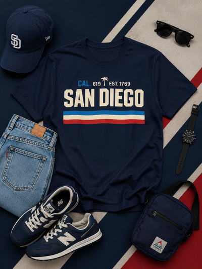 Navy t-shirt with 'San Diego' text, cap, jeans, sneakers, sunglasses, and bag on a flag background