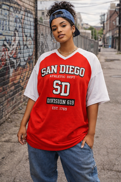 Person wearing a red 'San Diego Athletic Dept' t-shirt in an urban setting.