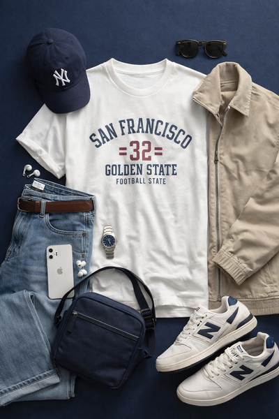 Collection of casual clothing and accessories on a dark blue background