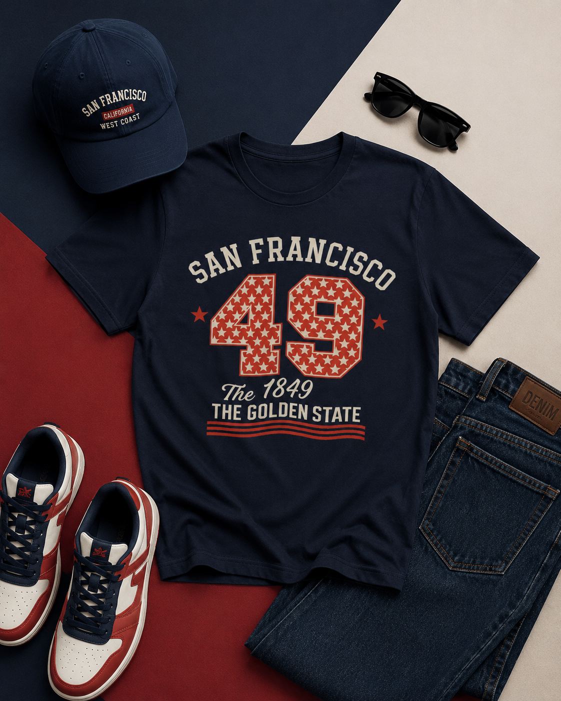 Navy t-shirt with 'San Francisco 49 The Golden State' design, paired with a cap, sunglasses, shoes, and jeans on a multicolored background.