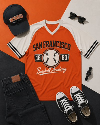 Orange and white 'San Francisco Baseball Academy' t-shirt with accessories on a colorful background