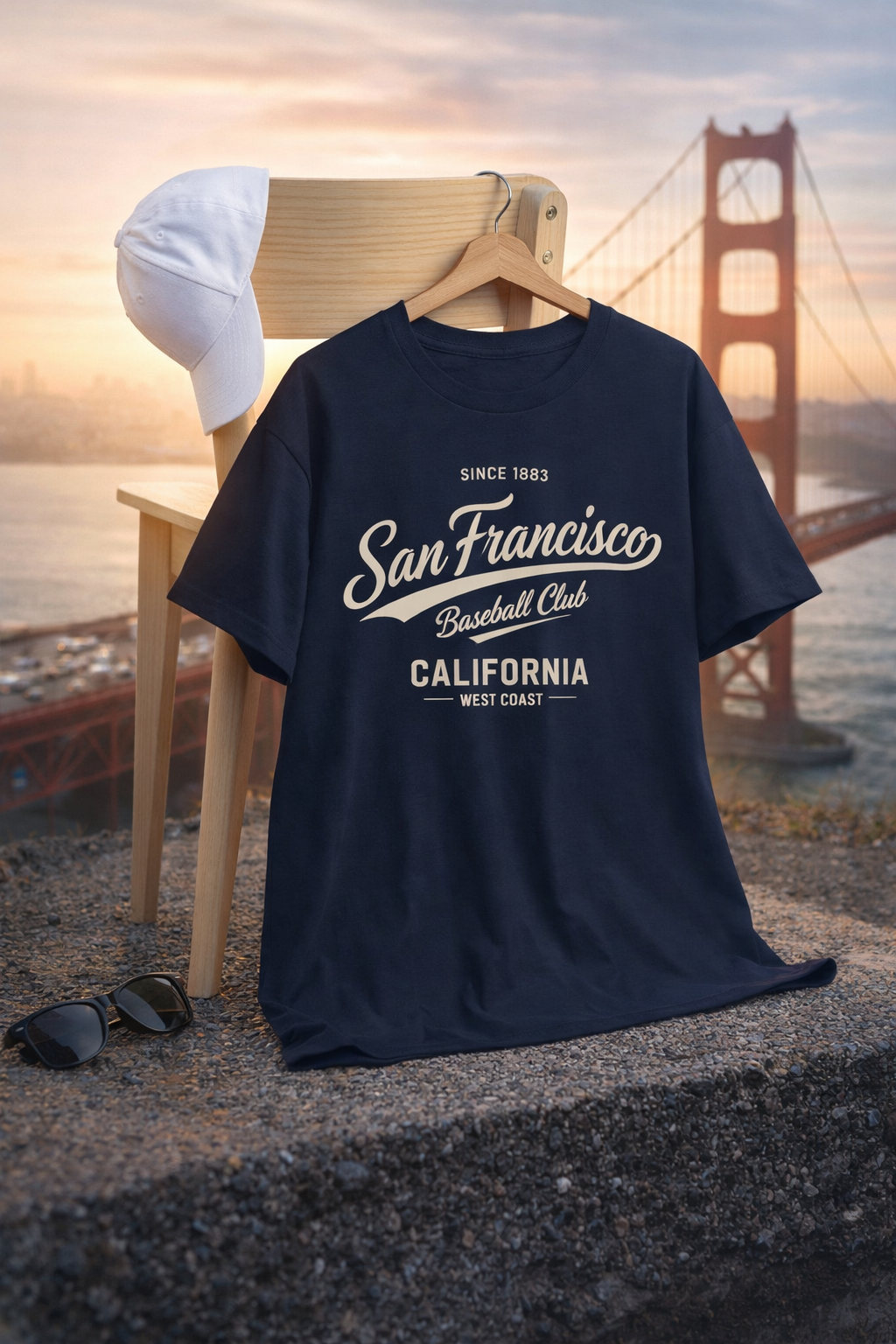Navy blue t-shirt with 'San Francisco Baseball Club California West Coast' text, sunglasses, and cap on a wooden hanger against a scenic background.