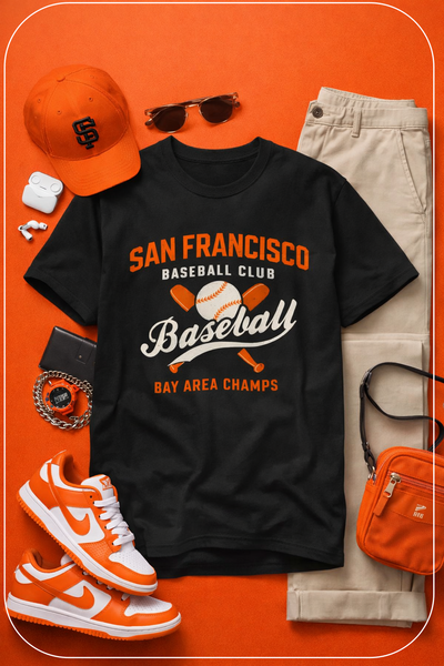 Black t-shirt with 'San Francisco Baseball Club' design, surrounded by orange and white sneakers, a cap, sunglasses, and a bag on an orange background.