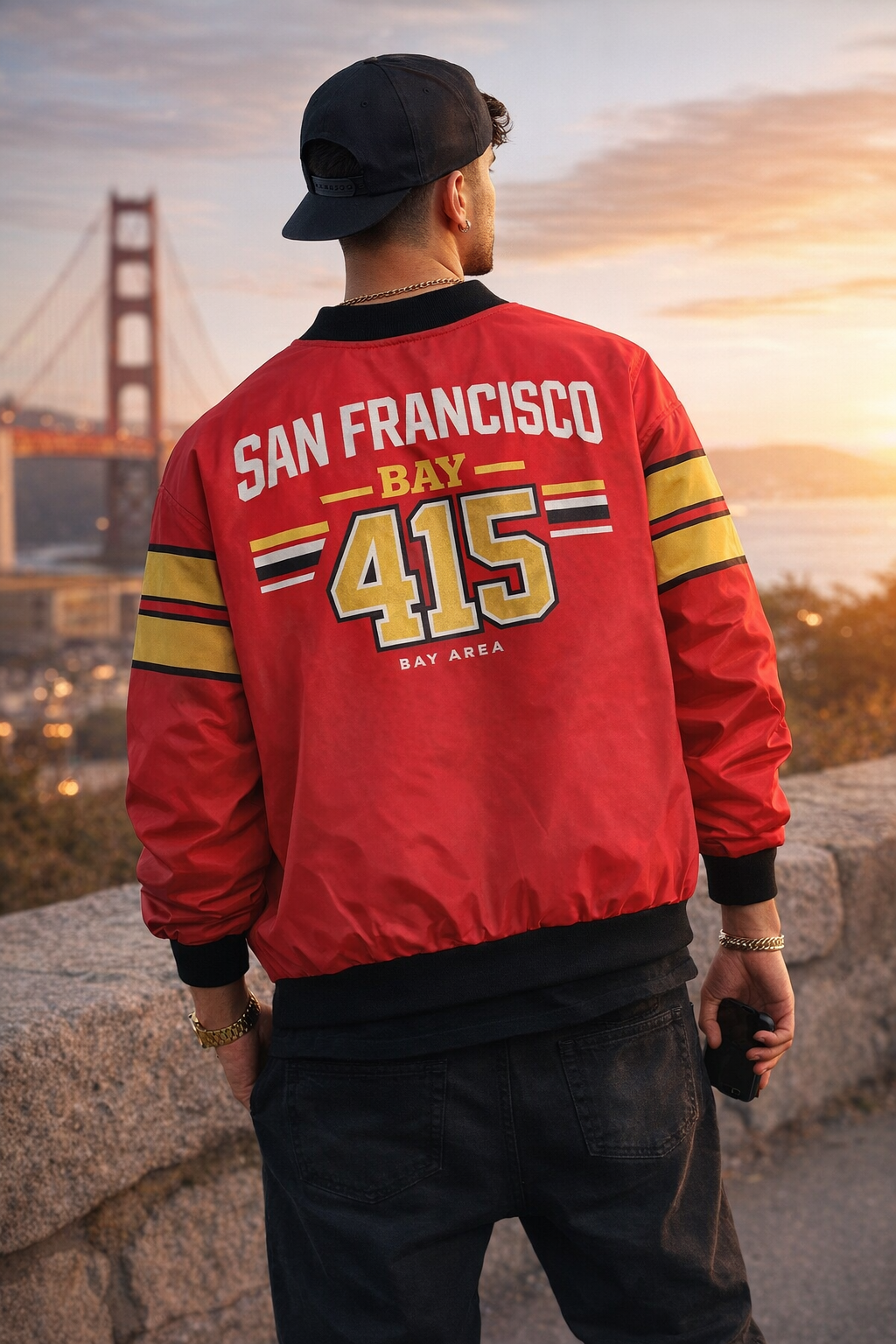 Person wearing a red 'San Francisco Bay 415' jacket with a sunset and Golden Gate Bridge in the background.
