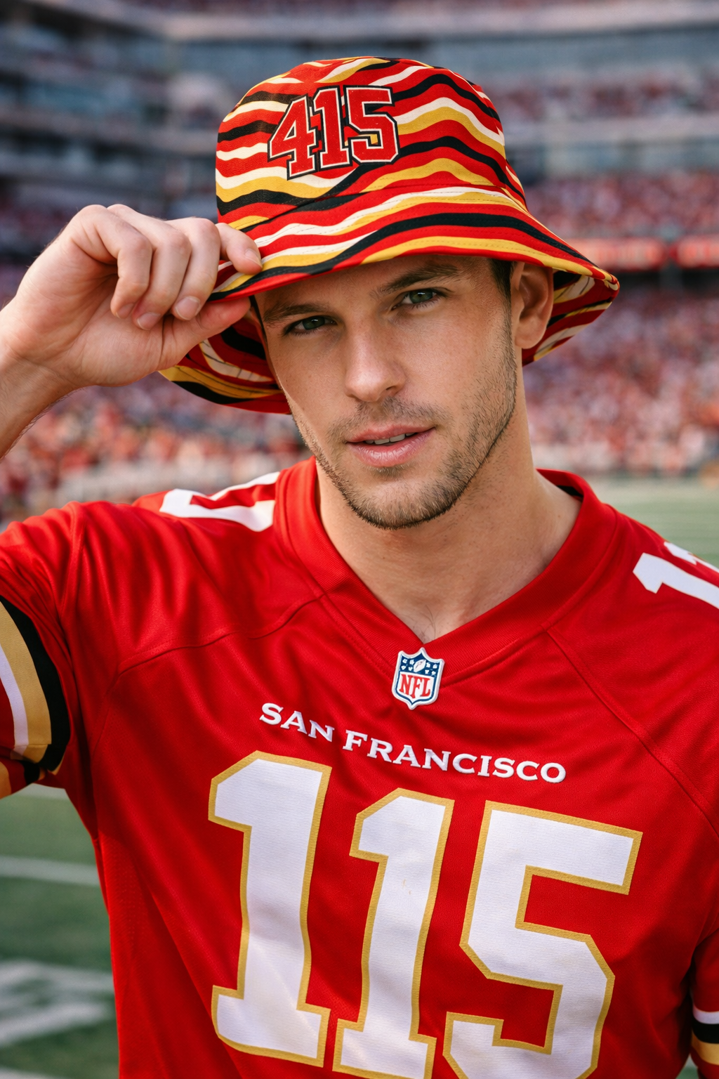 Person wearing a red sports jersey with 'San Francisco' and a colorful bucket hat with '415' on a stadium background.