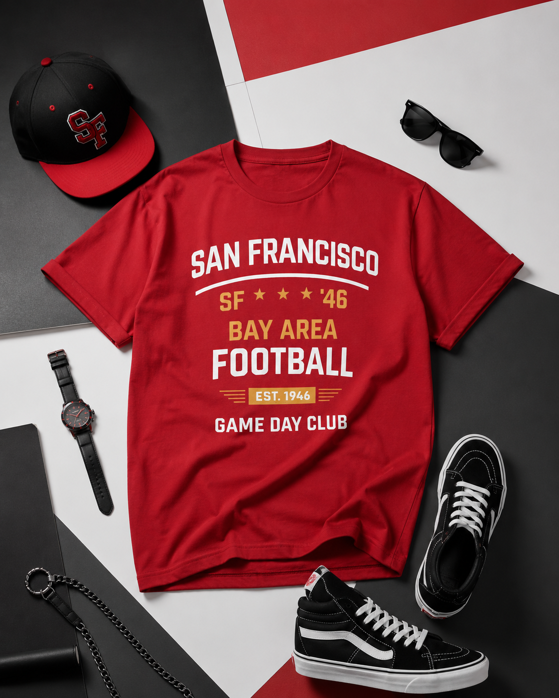 Red t-shirt with 'San Francisco Bay Area Football' text, black cap, sunglasses, watch, and shoes on a gray surface.