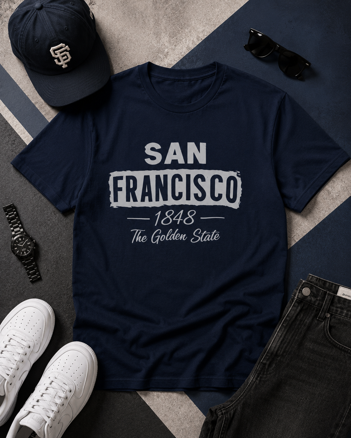 Navy t-shirt with 'San Francisco 1848 The Golden State' text, surrounded by a cap, sunglasses, watch, and shoes on a patterned surface.