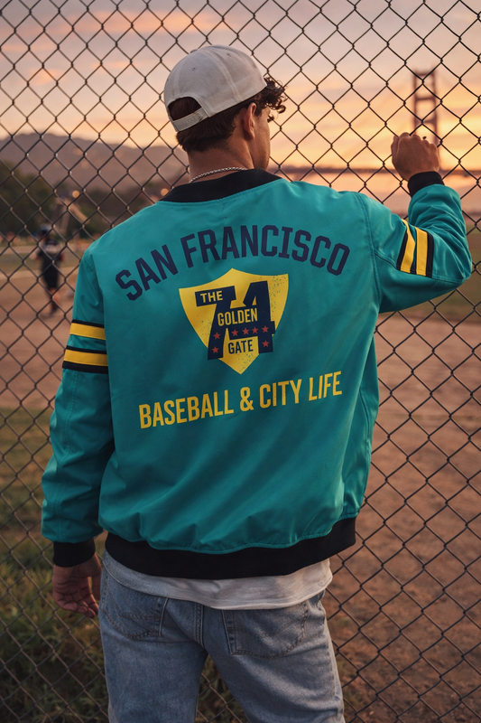 Person wearing a teal 'San Francisco Baseball & City Life' jacket with a Golden Gate Bridge design, standing behind a chain-link fence.