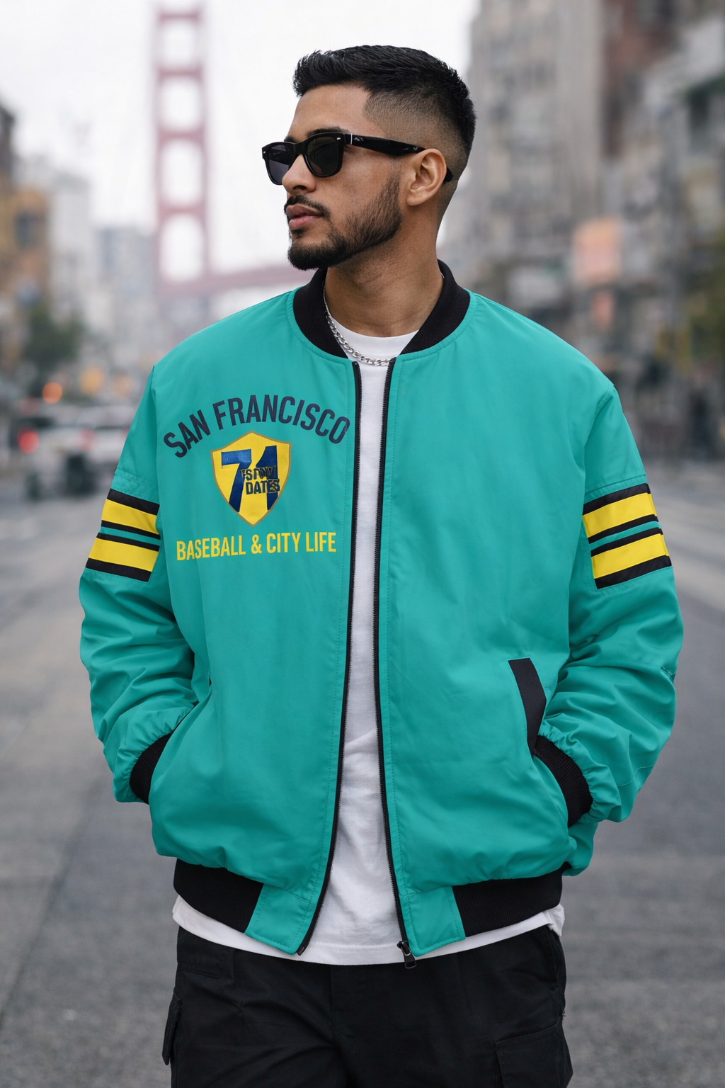 Man wearing a teal jacket with 'San Francisco Baseball & City Life' text on a city street.