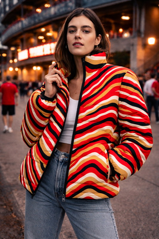 Woman wearing a colorful striped jacket in an urban setting