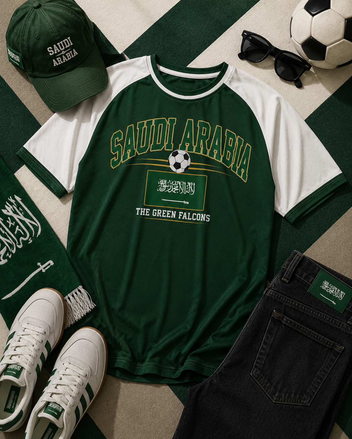 Green and white 'Saudi Arabia' t-shirt with soccer ball, cap, sunglasses, and shoes on a checkered background.