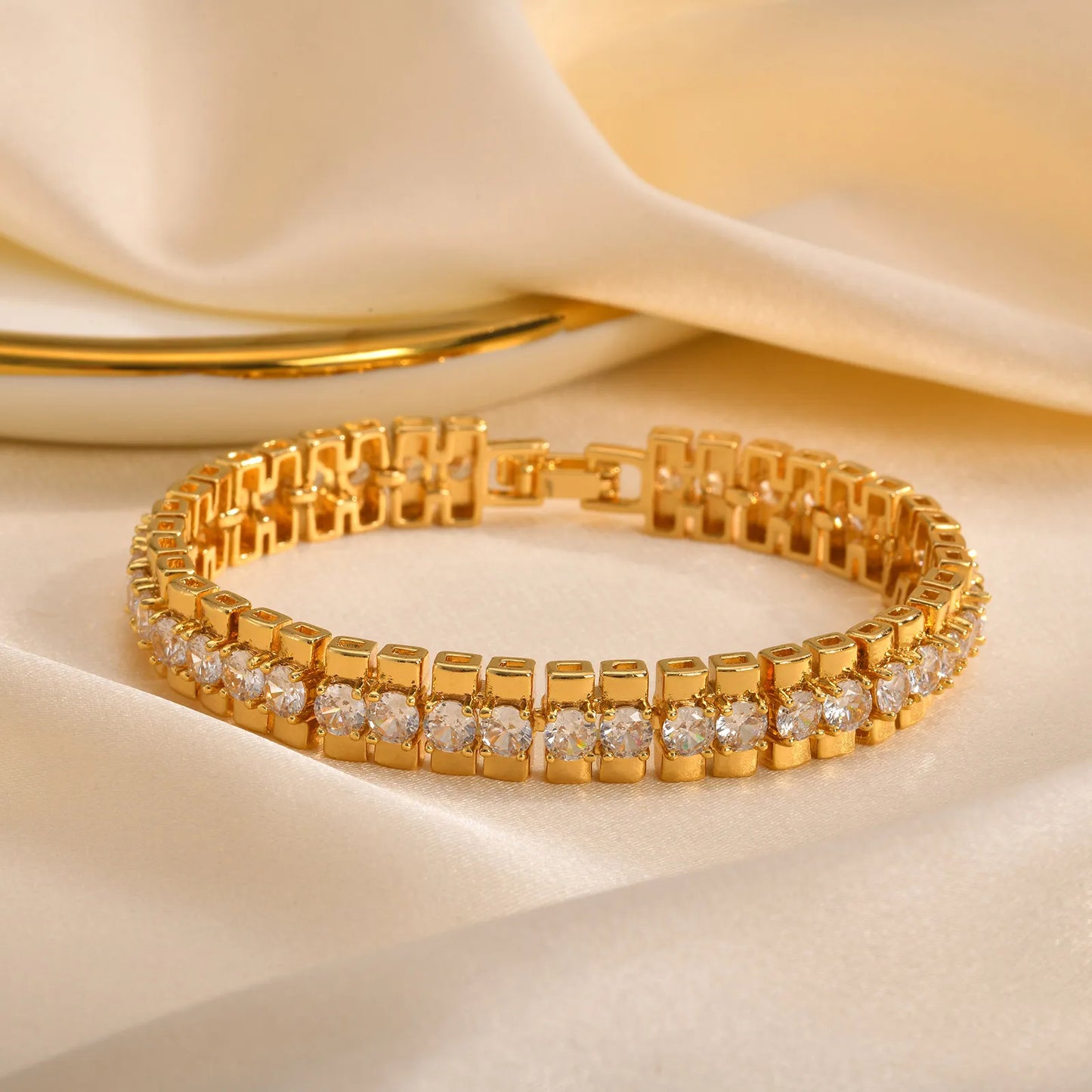 Gray Paperclip Chain Bracelet 14K Gold Plated Cubic Zirconia Watch Strap Chunky Link Adjustable Stackable Jewelry For Women Girl Gift