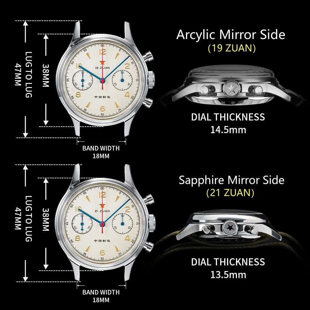 Black RED STAR 38mm Men's 1963 Chronograph Mechanical Watch Pilot with Seagull Movement ST1901 Air Force Aviation Sapphire Goose 40mm