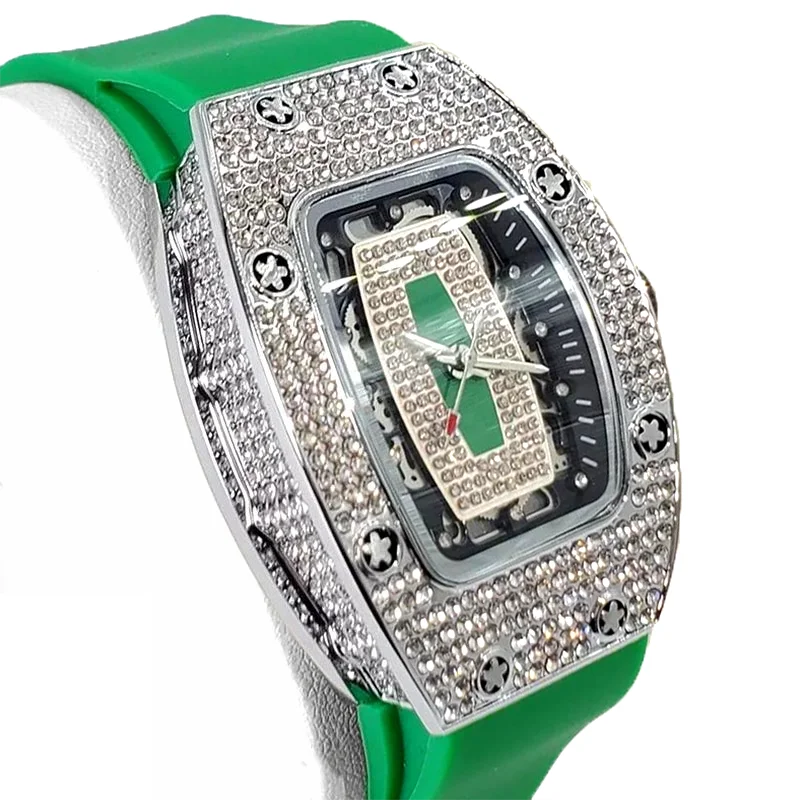 White Smoke 2025 Hot Selling Green Watch For Women Fashion Tonneau Quartz Clock Ladies Elegant Iced Diamond Jewelry Wrist Watch Girl Gift