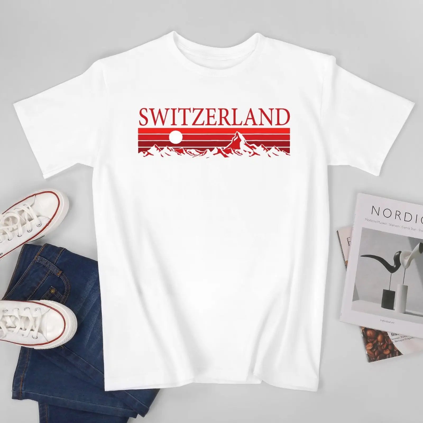 Unisex Men Swiss Alps And Red Sunset Switzerland Mountains Tshirt Tees O-neck T Shirts Women Boys 100% Cotton T-Shirt streetwear fashion product image 1