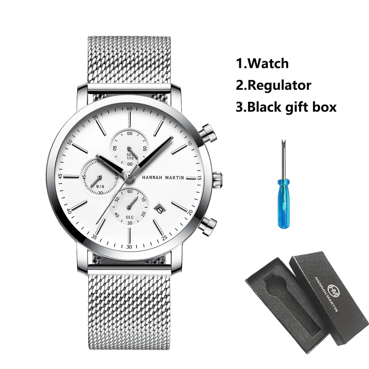 White Smoke HANNAH MARTIN Brand Top Men Watch Black Stainless Steel Fashion Waterproof Sports Multifunctional Quartz Watch Relogio Masculino