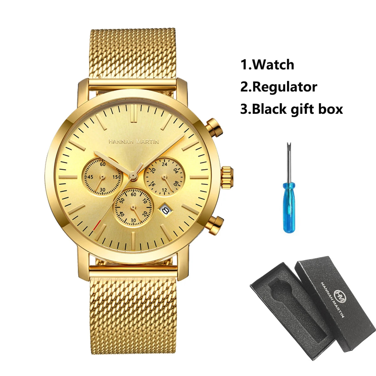 White Smoke HANNAH MARTIN Brand Top Men Watch Black Stainless Steel Fashion Waterproof Sports Multifunctional Quartz Watch Relogio Masculino