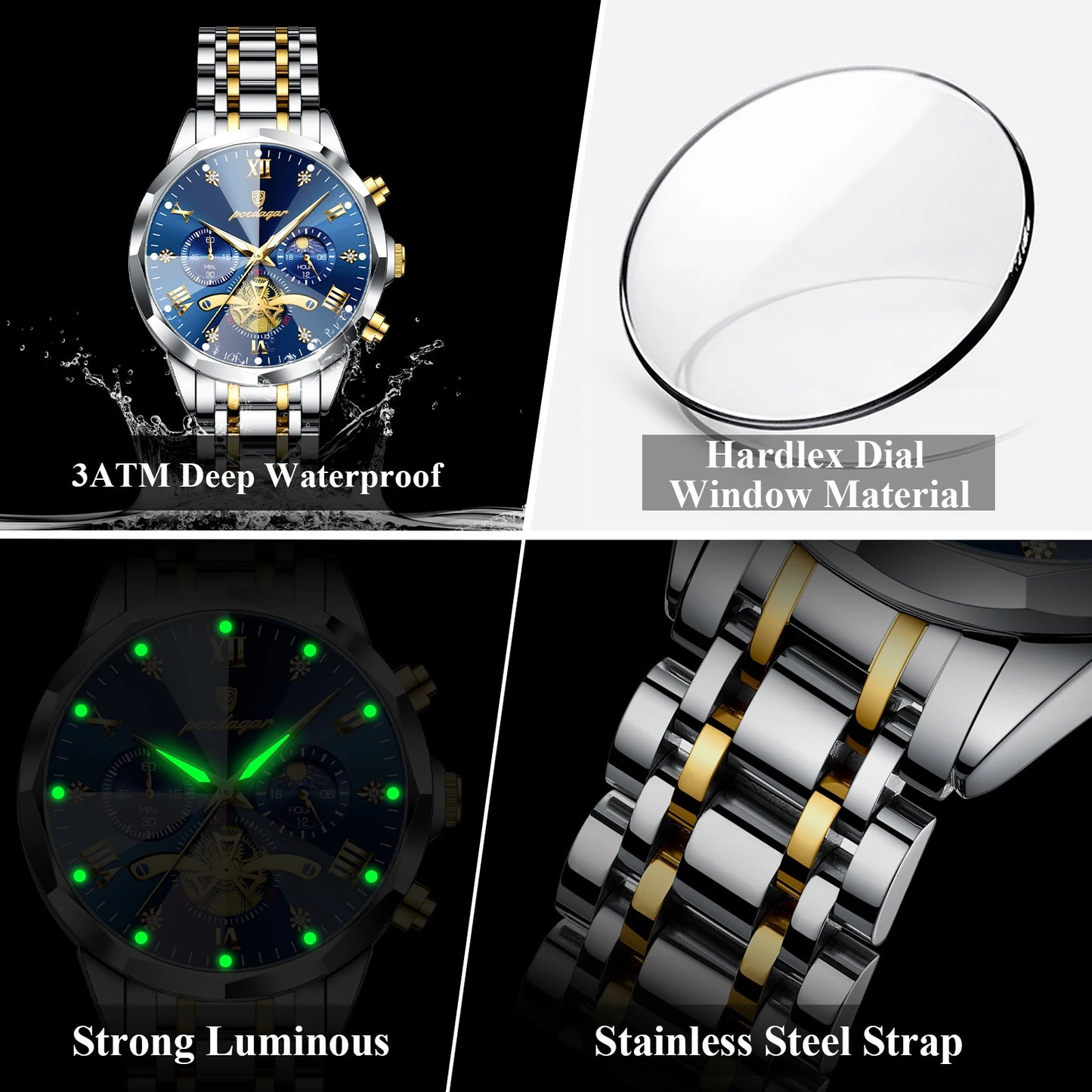 Black POEDAGAR Luxury Men Watch Top Original Waterproof Luminous Chronograph Man Wristwatch Stainless Steel Quartz Men's Watches Reloj