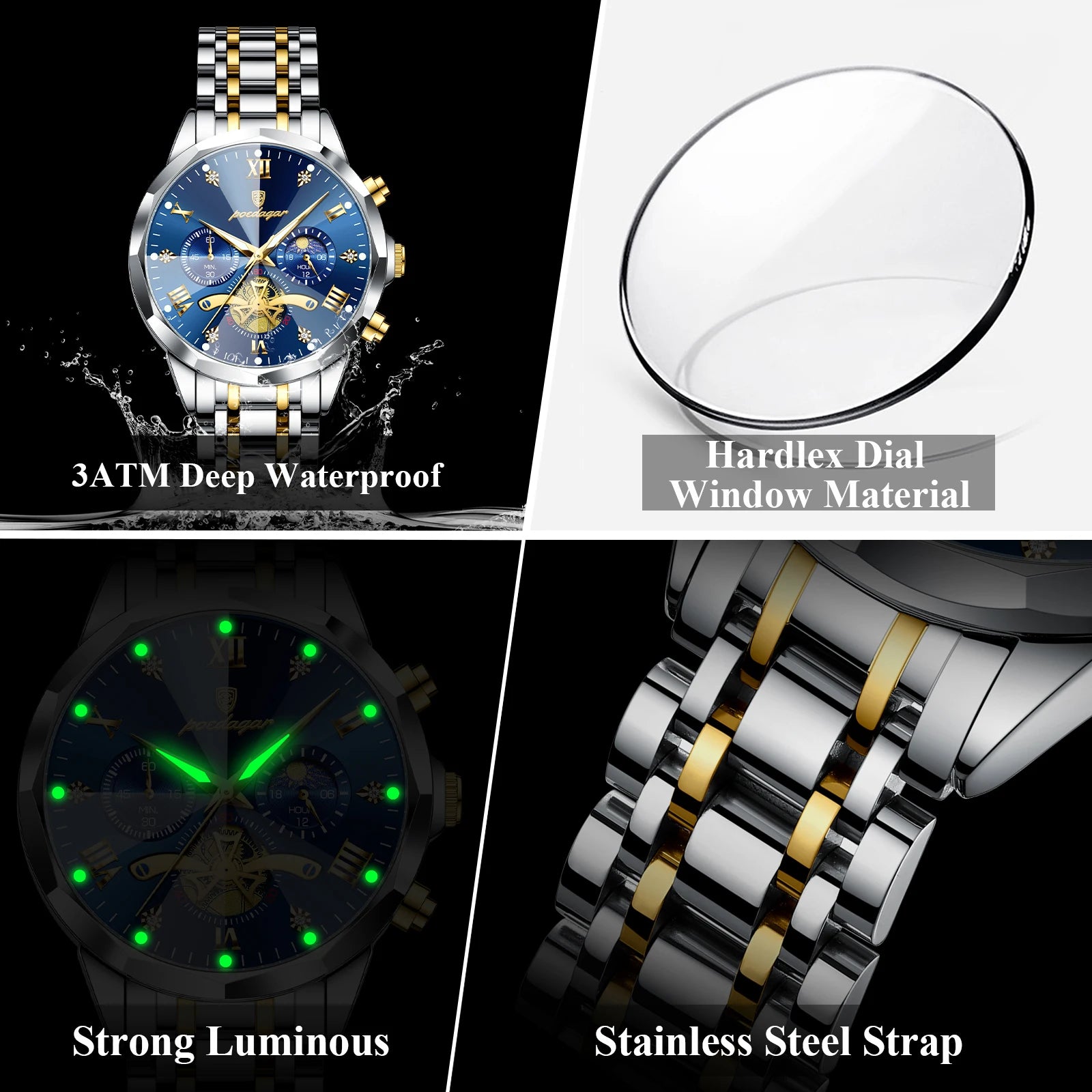 Black POEDAGAR Luxury Men Watch Top Original Waterproof Luminous Chronograph Man Wristwatch Stainless Steel Quartz Men's Watches Reloj