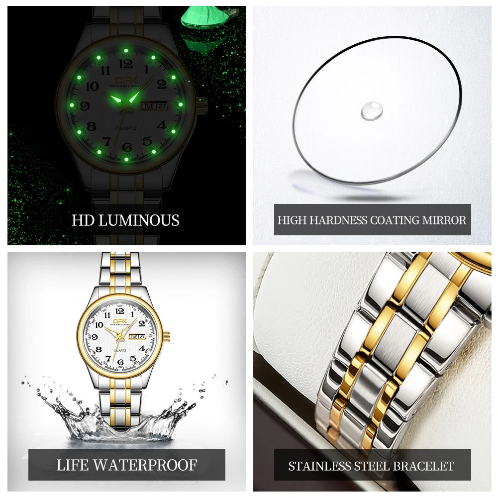 White Smoke OPK 8110 Ladies Watch Classic Simple Brand Quartz Watch Stainless Steel Strap Watch For Women Waterproof Luminous Day-Date Watch