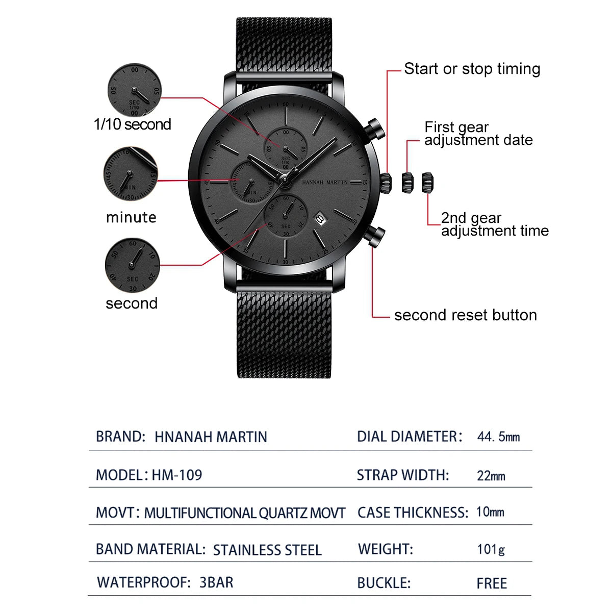 White Smoke HANNAH MARTIN Brand Top Men Watch Black Stainless Steel Fashion Waterproof Sports Multifunctional Quartz Watch Relogio Masculino