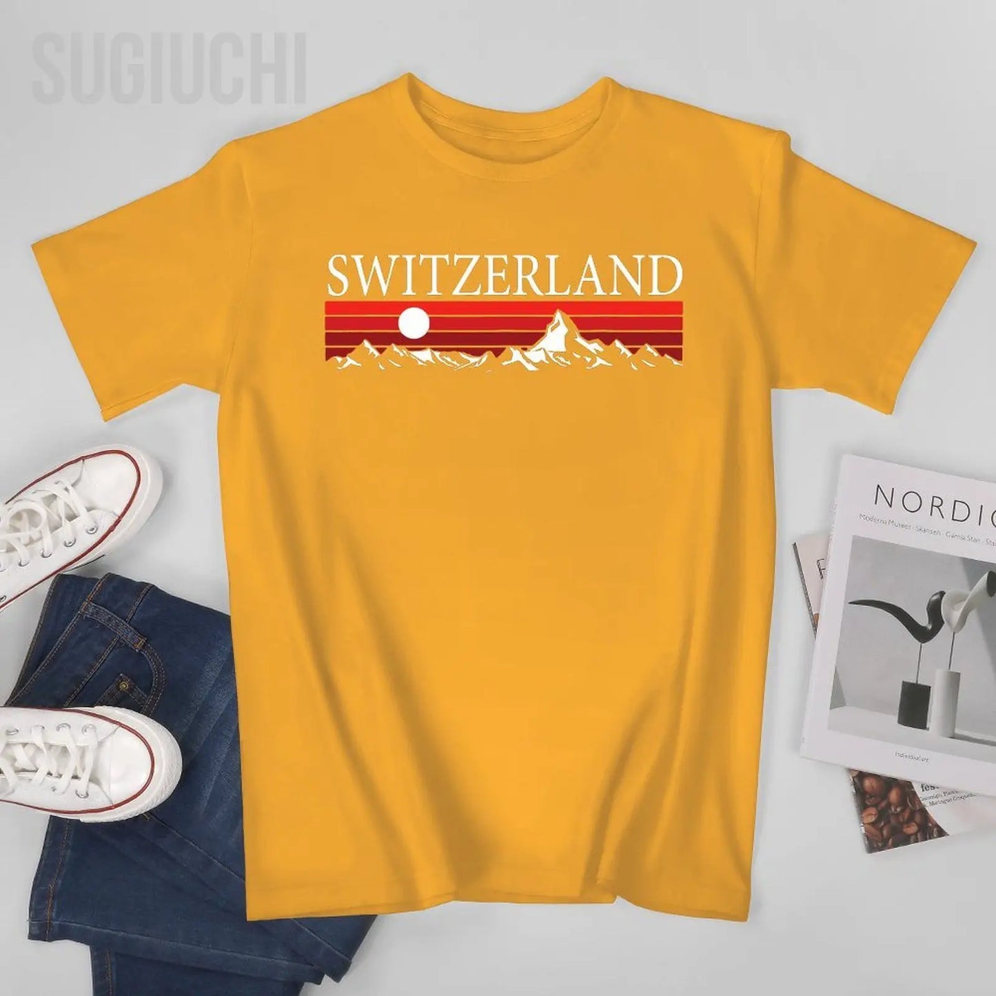 Unisex Men Swiss Alps And Red Sunset Switzerland Mountains Tshirt Tees O-neck T Shirts Women Boys 100% Cotton T-Shirt