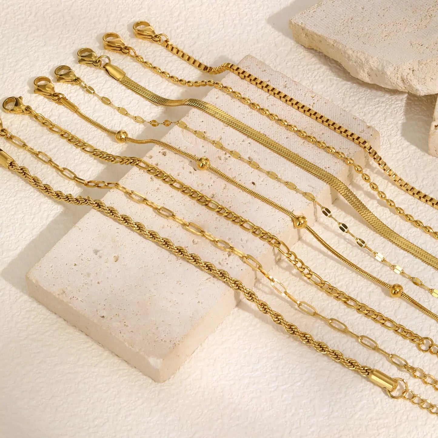 Light Gray Non Tarnish Stainless Steel Bracelet Gold Plated Stackable for Women, Thin Herringbone Chain Bracelet Waterproof Jewelry Gift