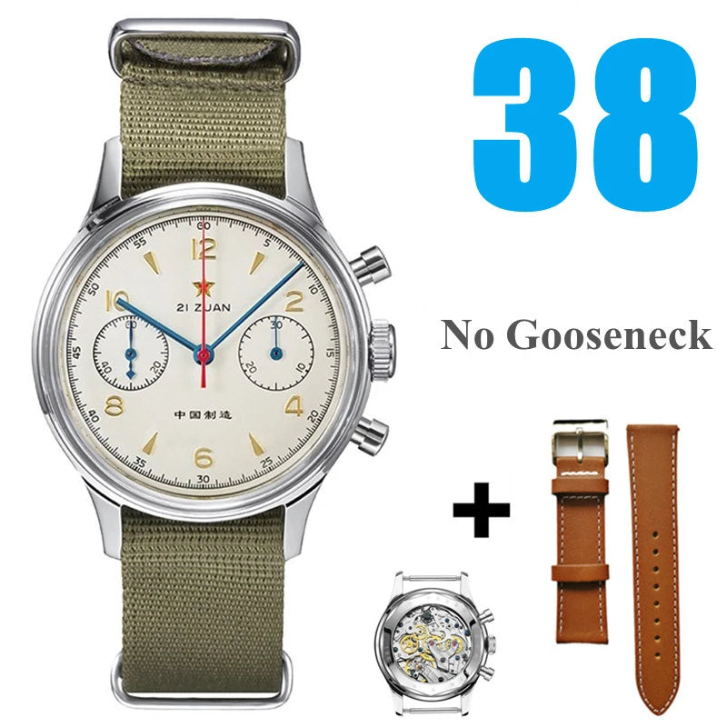 White Smoke RED STAR 38mm Men's 1963 Chronograph Mechanical Watch Pilot with Seagull Movement ST1901 Air Force Aviation Sapphire Goose 40mm