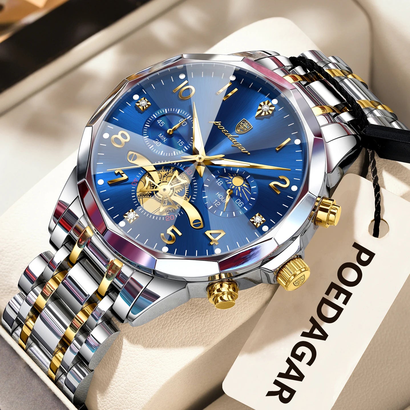 Seashell POEDAGAR Luxury High Quality Man Wristwatch Chronograph Stainless Steel Quartz Men's Watches Waterproof Luminous Men Clock Reloj