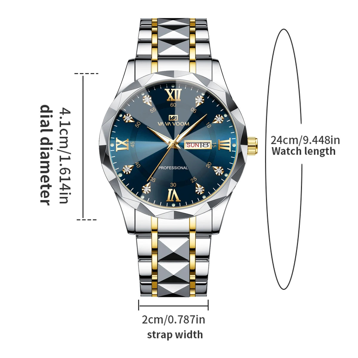 White Smoke 2024 New Men's Watch Fashion Rivet Stainless Steel Strap Luxury Water Diamond Diamond Luminous Blue Gold Dial Business Men Watch