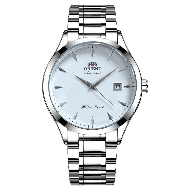 White Smoke Orient Automatic Men's Watch, Black Dial Stainless Steel Band, Water Resistant Classic Business Wristwatch with Date Display