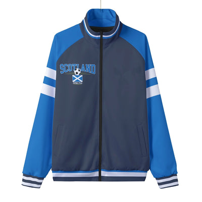 Blue and navy jacket with 'Scotland' and soccer ball design on a white background