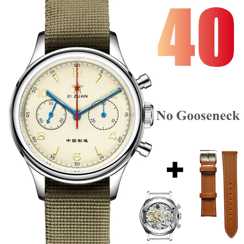 White Smoke RED STAR 38mm Men's 1963 Chronograph Mechanical Watch Pilot with Seagull Movement ST1901 Air Force Aviation Sapphire Goose 40mm