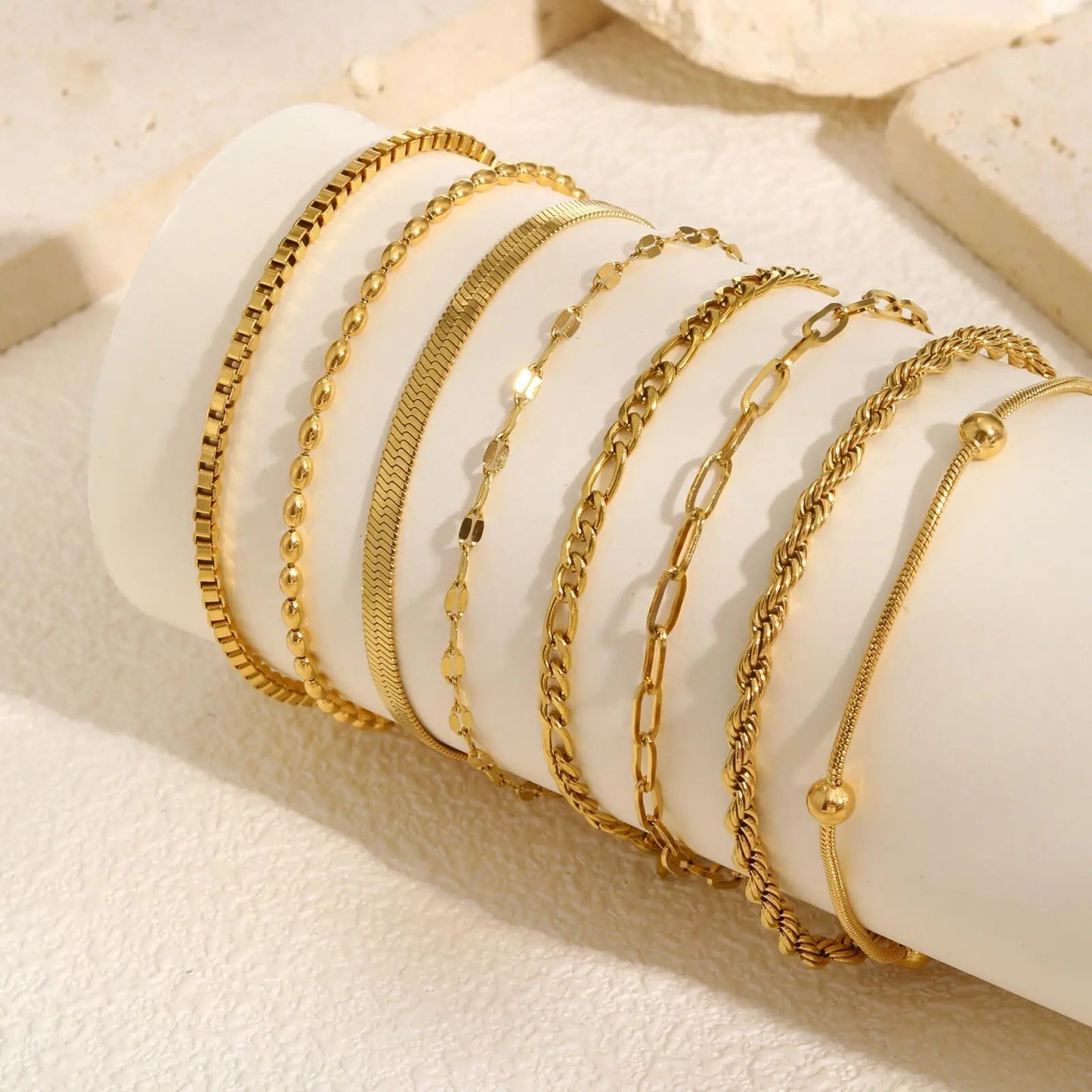 Light Gray Non Tarnish Stainless Steel Bracelet Gold Plated Stackable for Women, Thin Herringbone Chain Bracelet Waterproof Jewelry Gift