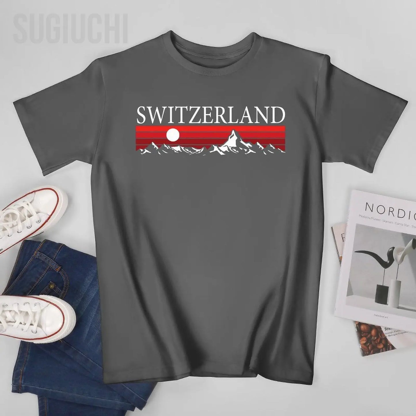 Unisex Men Swiss Alps And Red Sunset Switzerland Mountains Tshirt Tees O-neck T Shirts Women Boys 100% Cotton T-Shirt