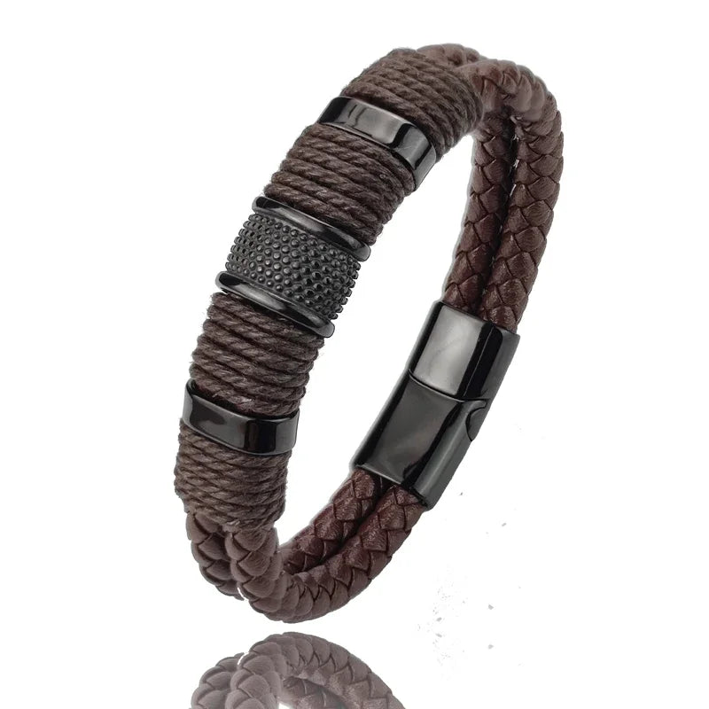 White Smoke Luxury Vintage Multilayer Brown Leather Stainless Steel  Men Bracelet Bead Bracelet Jewelry Male Wrist Bangle Christmas Gifts