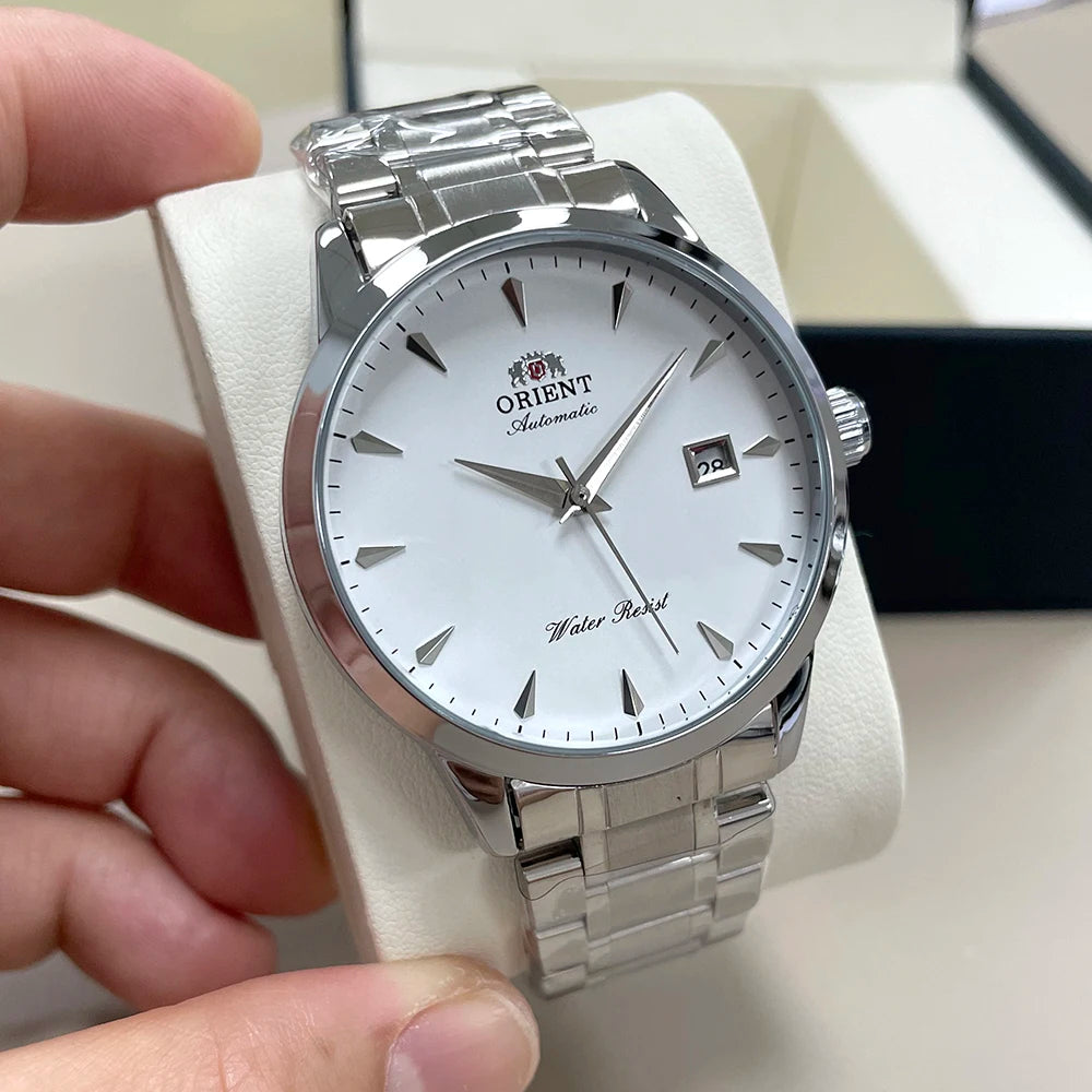 Gray Orient Automatic Men's Watch, Black Dial Stainless Steel Band, Water Resistant Classic Business Wristwatch with Date Display