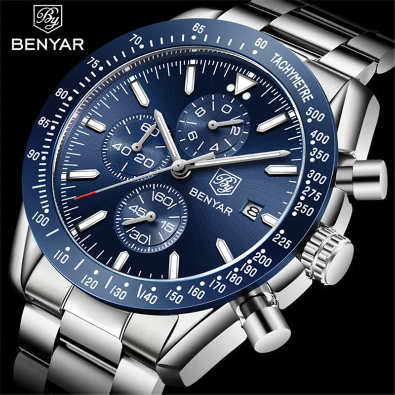 Black Men Watch BENYAR Top Brand Luxury Full Steel Business Quartz Watch Men Casual Waterproof Sports Watches Clock Relogio Masculino