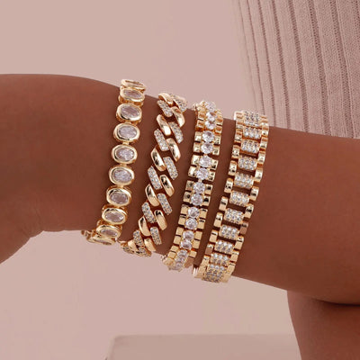 Dark Gray Paperclip Chain Bracelet 14K Gold Plated Cubic Zirconia Watch Strap Chunky Link Adjustable Stackable Jewelry For Women Girl Gift