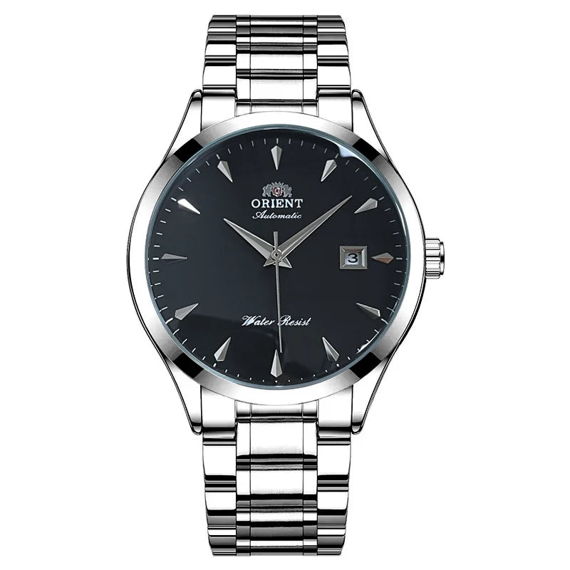 White Smoke Orient Automatic Men's Watch, Black Dial Stainless Steel Band, Water Resistant Classic Business Wristwatch with Date Display