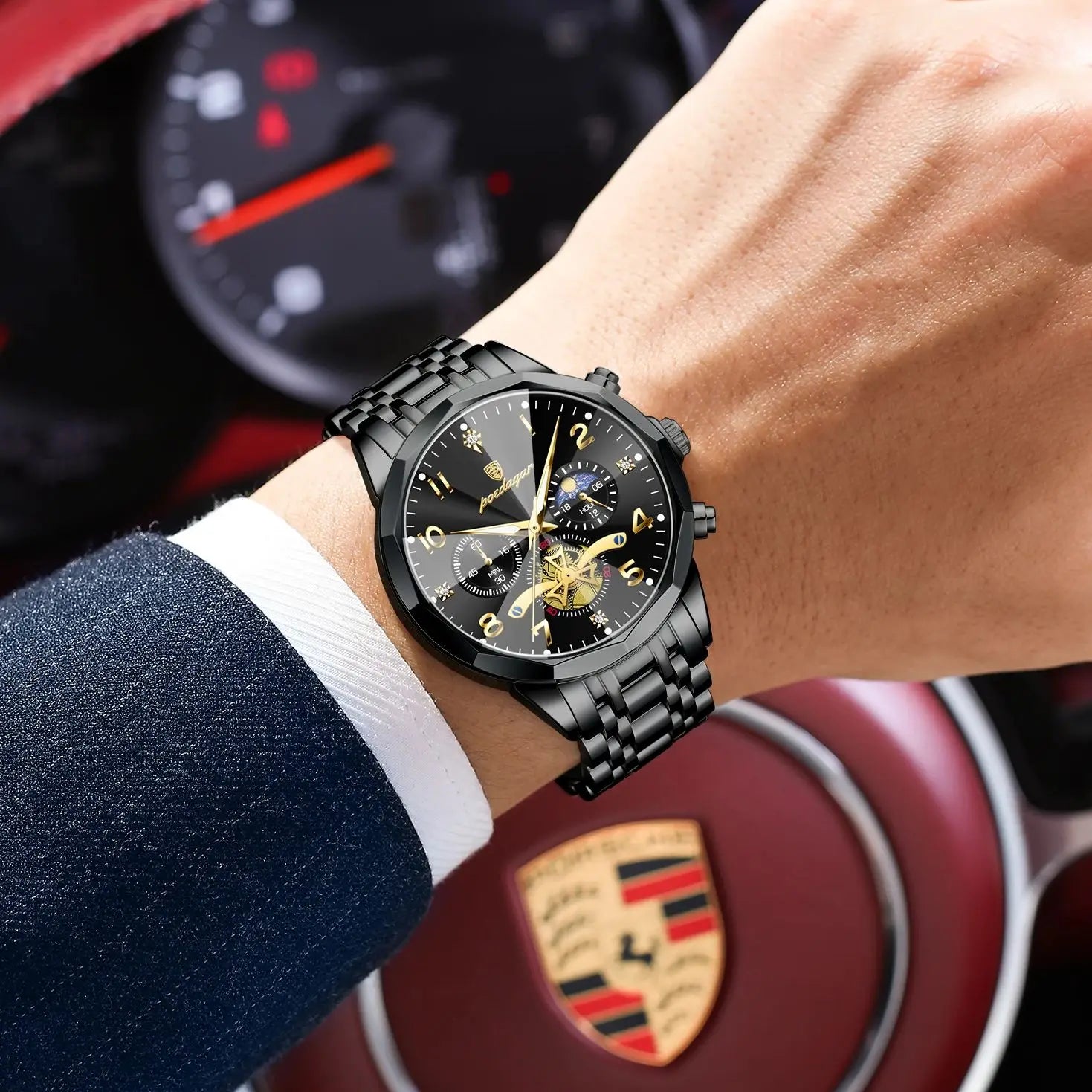 Black POEDAGAR Luxury High Quality Man Wristwatch Chronograph Stainless Steel Quartz Men's Watches Waterproof Luminous Men Clock Reloj