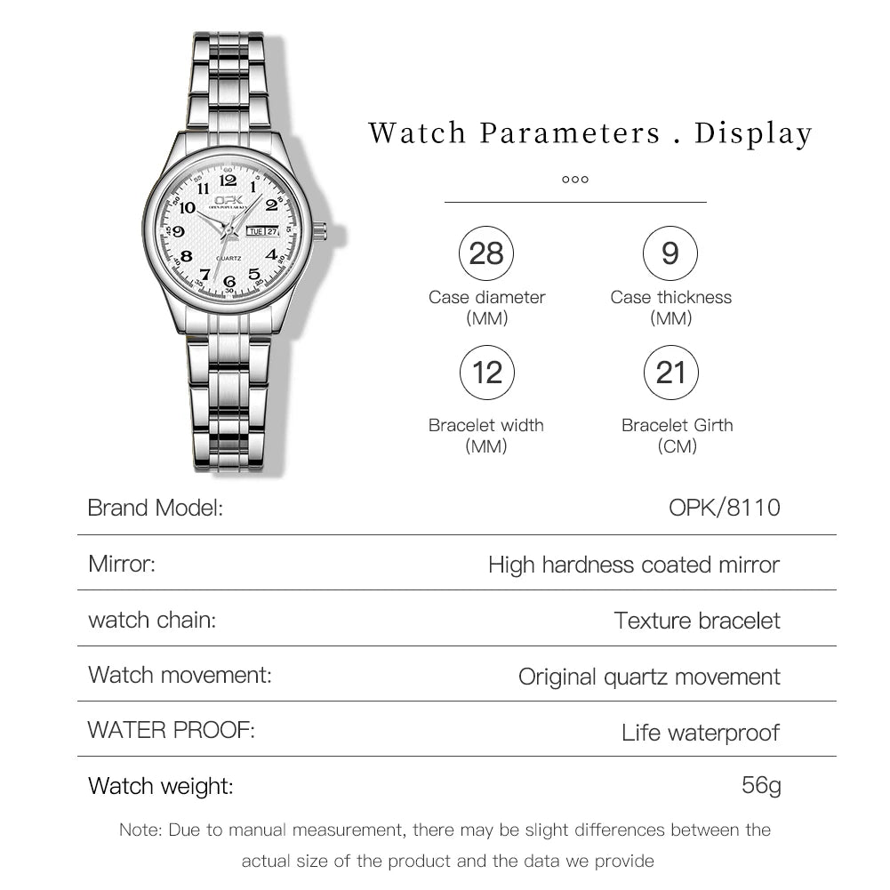 White Smoke OPK 8110 Ladies Watch Classic Simple Brand Quartz Watch Stainless Steel Strap Watch For Women Waterproof Luminous Day-Date Watch