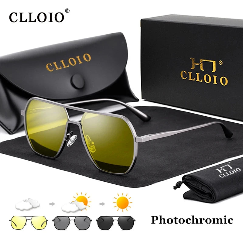 White Smoke CLLOIO Anti-glare Day Night Vision Glasses Men Women Polarized Driving Sun Glasses Square Aluminum Photochromic Sunglasses UV400